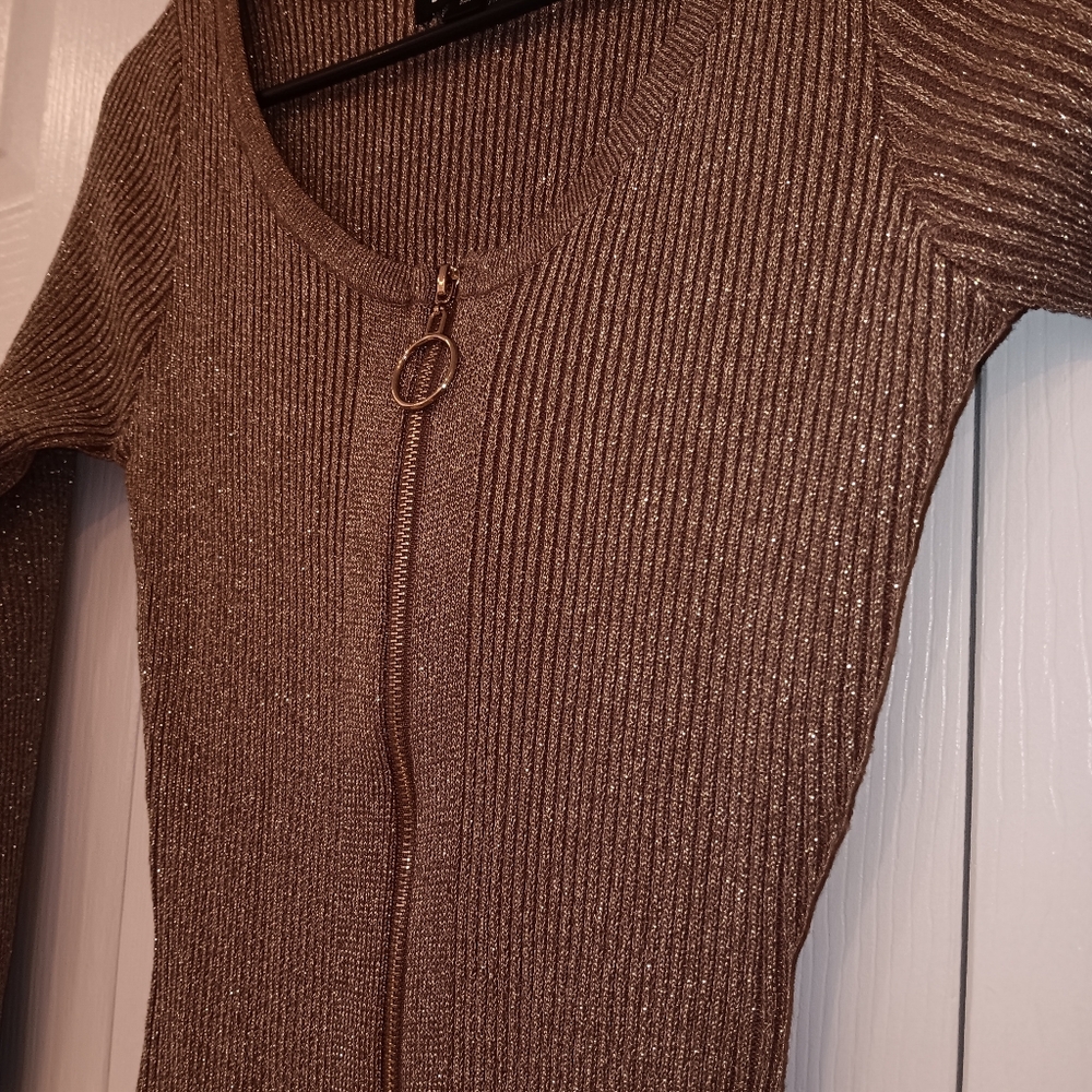 Sparkling Brown Ribbed Knit Bodycon Dress - Picture 2 of 4